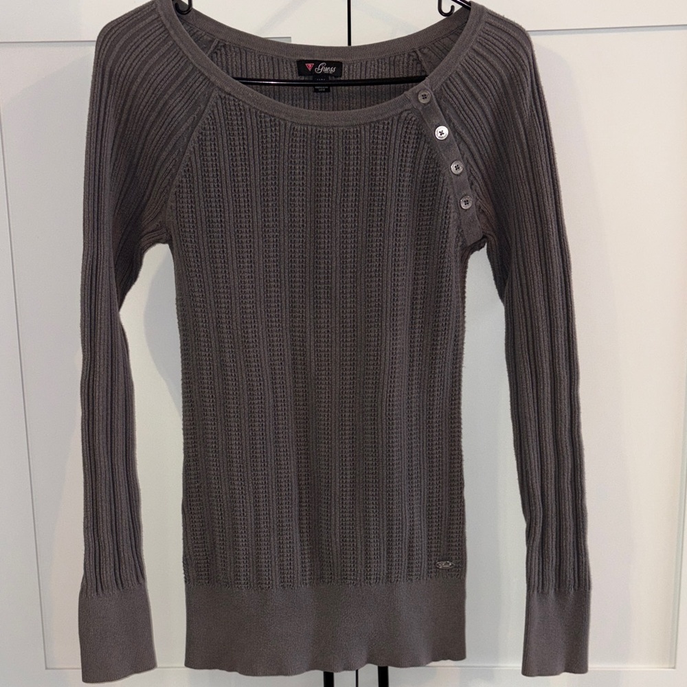 Guess Ribbed Gray Sweater with Button Accents